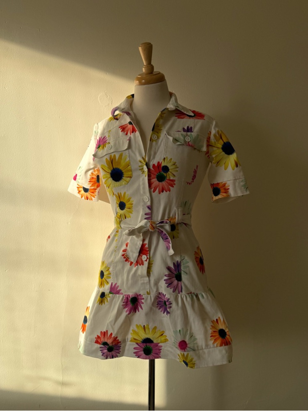 Desigual Floral Shirt Dress White Colorful Daisy Print Belted Mini Dress